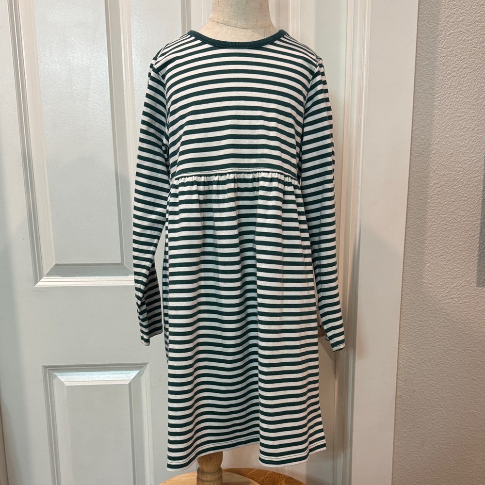 LL Kids by LL Bean Striped Kids Dress in Green and White 6-7